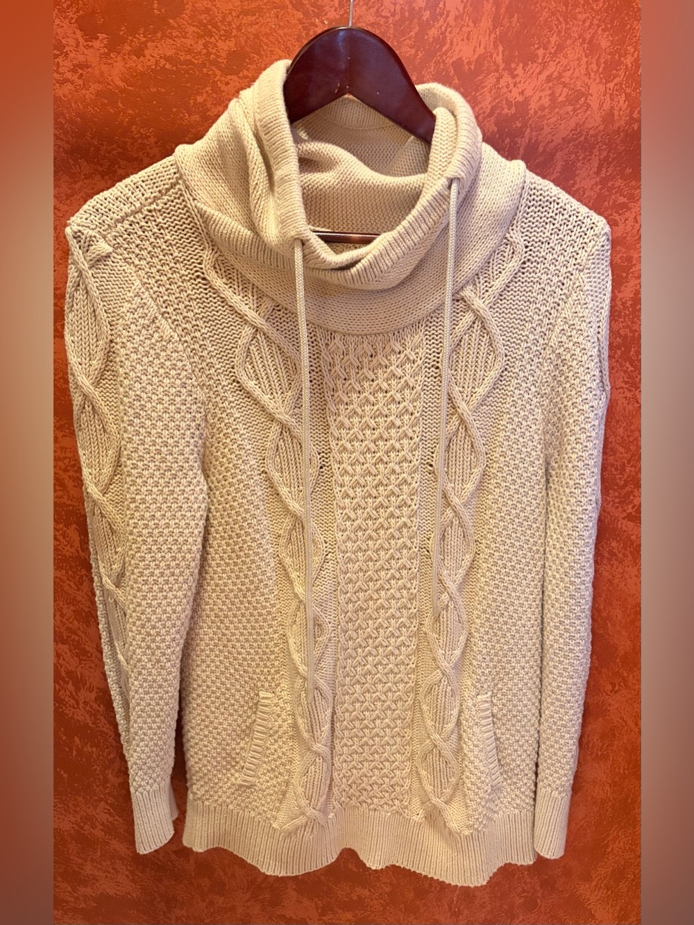 LL Bean Signature Cotton Funnelneck  Fisherman’s Sweater. Medium, Cream.